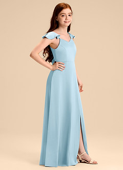 Azazie Everett Junior Vestido de Azul Cielo de Satén Elástico de Corte en A con Lazo image3