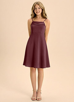 Azazie Anselie Junior Abito A-Line in Raso Elasticizzato Plissettato Sangria image5