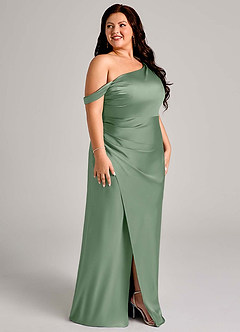 Azazie Madelyn Vestidos de damas de honor Vestido de Matcha de Satén Elástico de Corte Sirena Convertible con Hombro unilateral image12