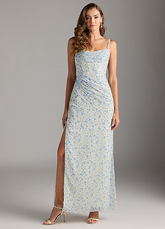 Azazie Mai Bridesmaid Dresses Blue And White Ditsy Floral Sheath Pleated Chiffon Dress image4