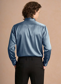 front Julian Dusty Blue Stretch Satin Dress Shirt