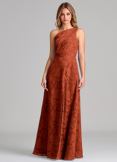 Azazie Phaedra 신부 들러리 드레스 A라인 한쪽 어깨 플로럴 번아웃 바닥 길이 드레스 image5