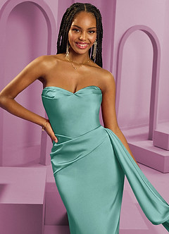 Barbie ♥ Azazie Vestidos de damas de honor Vestido de Aqua de Satén Elástico de Corte Recto Convertible con Sin tirantes image8