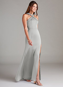 Azazie Rue Bridesmaid Dresses Silver A-Line Pleated Stretch Satin Dress image4