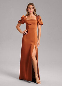 Azazie Fyona Bridesmaid Dresses Cinnamon A-Line Pleated Stretch Satin Dress image1