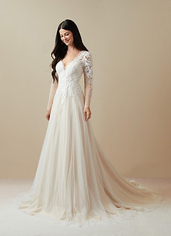 Azazie Essy Wedding Dresses Diamond White Champagne A-Line V-Neck Sequins Tulle Dress image3