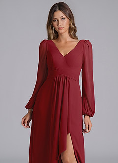 Azazie Liah Bridesmaid Dresses Pomegranate A-Line Long Sleeve Chiffon Dress image7