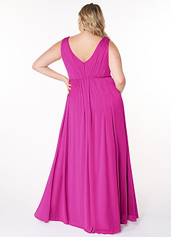 Azazie Tanicia Bridesmaid Dresses Fuchsia A-Line V-Neck Pleated Mesh Dress image2