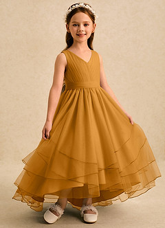 Azazie Seraphina Blumenmädchenkleider A-Linie Plissee Tüll Kleid Butterscotch image3