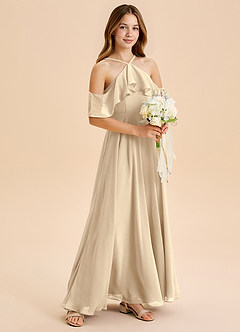 Azazie Tessabelle Junior Champagne A-Line Off the Shoulder Chiffon Dress image1