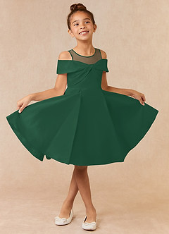 Azazie Shirin Robe Demoiselle D'honneur Fillette Robe Trapèze en Mat Satiné Épaule décolletée Vert Foncé image1