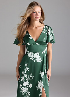 Azazie Lani Bridesmaid Dresses Green Botanicals A-Line Flounce Sleeve Stretch Satin Dress image6