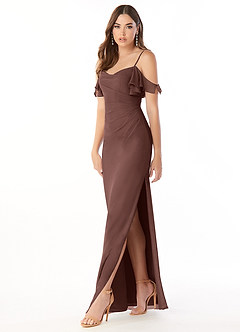 Azazie Emeralda Bridesmaid Dresses Espresso Sheath Off the Shoulder Chiffon Dress image1