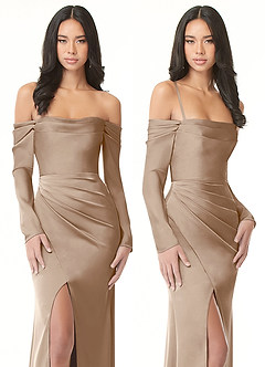 Azazie Hallie Bridesmaid Dresses Taupe Sheath Off-The-Shoulder Long Sleeve Stretch Satin Convertible Dress image9