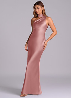 Azazie Seona Robes de demoiselle d'honneur Robe Sirène en Satin extensible Une épaule Rose Poussiéreuse image6