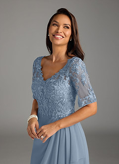 Azazie Amedeus Mother of the Bride Dresses Dusty Blue A-Line V-Neck Lace Chiffon Dress image5