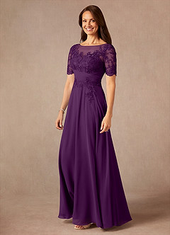 Azazie Raissa Final Sale Grape A-Line Lace Chiffon Dress image3
