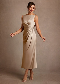 Azazie Mazhe Mother of the Bride Dresses Taupe A-Line Pleated Stretch Satin Dress image3