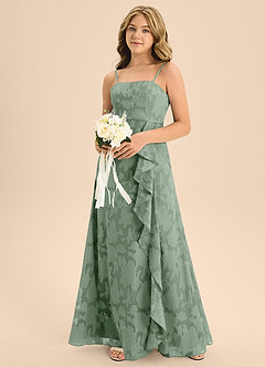 Azazie Kaylee Junior Matcha A-Line with Belt Floral Burnout Dress image6