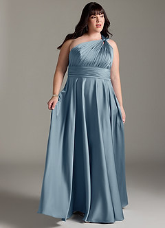 Azazie Charlize Robes de demoiselle d'honneur Robe Trapèze en Satin extensible Ue épaule Bleu Poussiéreux image3