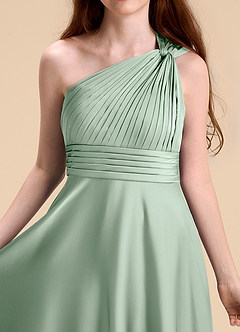 Azazie Charlize Junior Agave A-Line Pleated Stretch Satin Dress image7