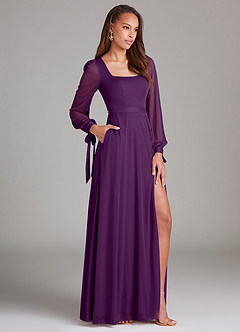 Azazie Leonia Bridesmaid Dresses Grape A-Line Long Sleeve Mesh Dress image3