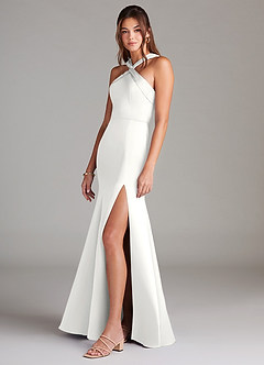 Azazie Rue Bridesmaid Dresses White Mermaid Pleated Stretch Satin Dress image5