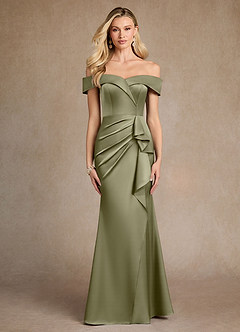 Azazie Laredo Mother of the Bride Dresses Pistachio Mermaid Off the Shoulder Stretch Satin Dress image1