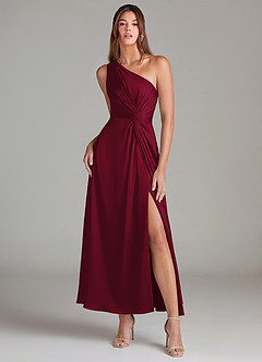 Azazie Brooke Robes de demoiselle d'honneur Robe Trapèze en Satin extensible Une épaule Bourgogne image1