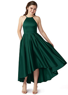 Azazie Jemima Junior Emerald A-Line with Pockets Stretch Satin Dress image1