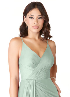 Azazie Evalin At-home Try On Dresses Agave A-Line V-Neck Pleated Mesh Dress image5
