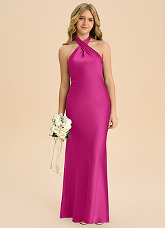 Azazie Chickie Junior Vestido de Fucsia de Satén Elástico de Corte Recto con Plisado image3