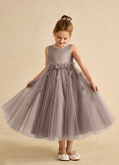 Azazie Lux Flower Girl Dresses Taupe A-Line Beaded Tulle Dress image3