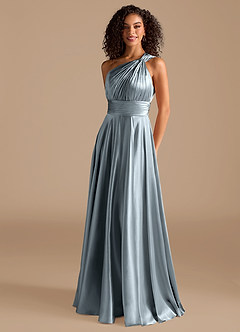 Azazie Charlize Bridesmaid Dresses Dusty Blue A-Line One Shoulder Metallic Satin Dress image1