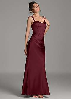 Azazie Mela At-home Try On Dresses Dusty Rose Sheath Corset Stretch Satin Dress image4