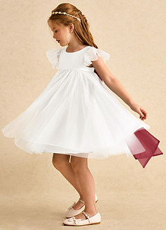 Azazie Munchkin Flower Girl Dresses Ivory Pomegranate A-Line Bow Tulle Dress image5