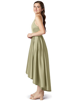 Azazie Jemima Junior Pistachio A-Line with Pockets Stretch Satin Dress image3