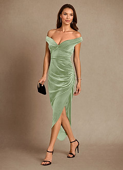 Azazie Nabila Mother of the Bride Dresses Dusty Sage Column Off the Shoulder Velvet Dress image2