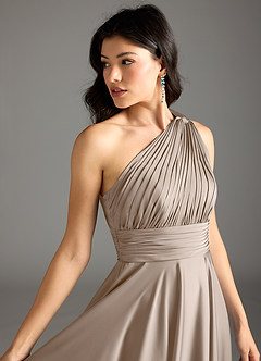 Azazie Charlize Jurken voor bruidsmeisjes Jurk van Stretch Satijn met A-lijn One-shoulder Taupe image7