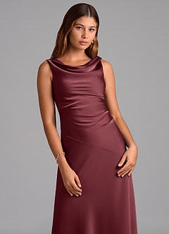 Azazie Nerine Vestidos de damas de honor Vestido de Merlot de Satén Elástico de Corte en A con Plisado image6