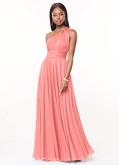 Azazie Charlize Bridesmaid Dresses Coral A-Line One Shoulder Mesh Dress image1