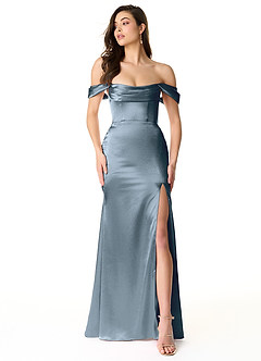 Azazie Liv Bridesmaid Dresses Twilight Sheath Off the Shoulder Metallic Satin Convertible Dress image1