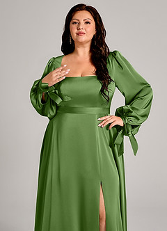 Azazie Leonia Bridesmaid Dresses Basil A-Line Long Sleeve Stretch Satin Dress image9