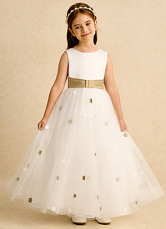 Azazie Cricket vestidos de niña de las flores Vestido de Marfil Oro de Satin Mate de Princesa con Plisado image4