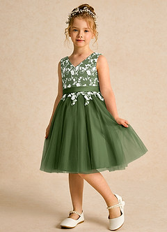 Azazie Butterfly Flower Girl Dresses Olive A-Line Lace Dress image4