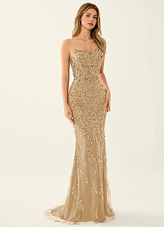 Zivah Champagne Beaded Corset Lace Up Back Mermaid Dress