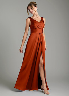 Azazie Karina Bridesmaid Dresses Paprika A-Line Pleated Stretch Satin Dress image4