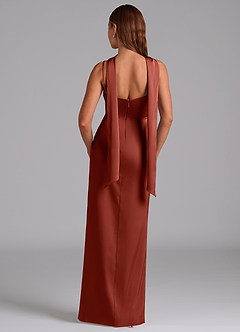Azazie Calandra Vestidos de damas de honor Vestido de Terracota de Satén Elástico de Corte en A con Plisado image4