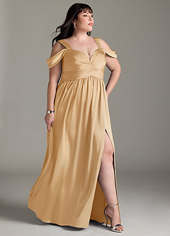 Azazie Lianne Brautjungfernkleider A-Linie Schulterfrei Stretch-Satin Kleid Gold image4