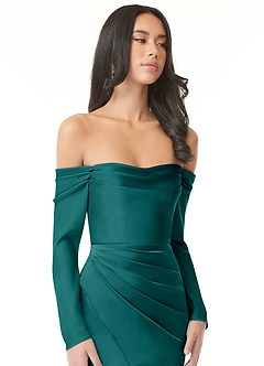 Azazie Hallie Bridesmaid Dresses Peacock Sheath Off-The-Shoulder Long Sleeve Stretch Satin Convertible Dress image1